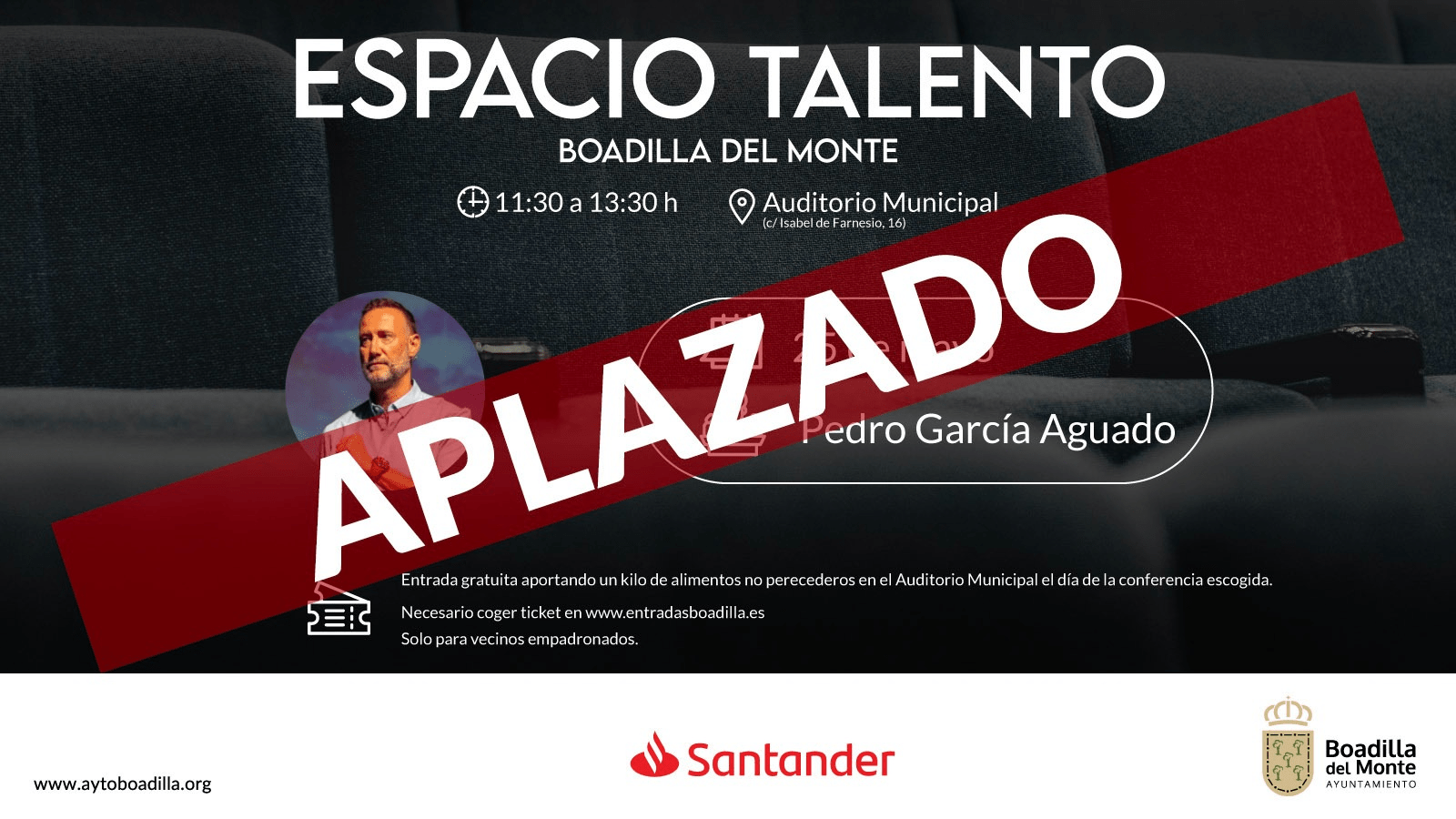 Aplazada la charla de Pedro García Aguado por su participación en Supervivientes Aplazada la charla de Pedro García Aguado por su participación en Supervivientes