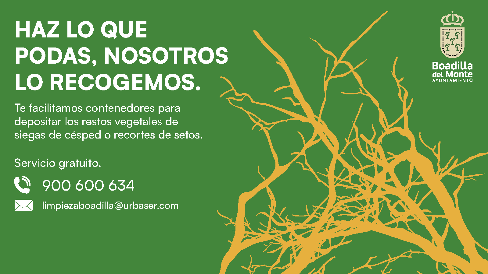 El Ayuntamiento de Boadilla del Monte pone a disposición de sus vecinos un servicio gratuito para la recogida de restos vegetales El Ayuntamiento de Boadilla del Monte pone a disposición de sus vecinos un servicio gratuito para la recogida de restos vegetales