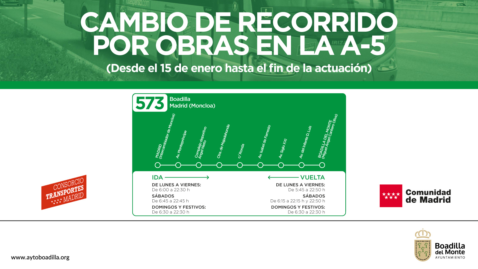 El Ayuntamiento de Boadilla comunica cambios en la línea 573 por obras en la A-5 El Ayuntamiento de Boadilla comunica cambios en la línea 573 por obras en la A-5