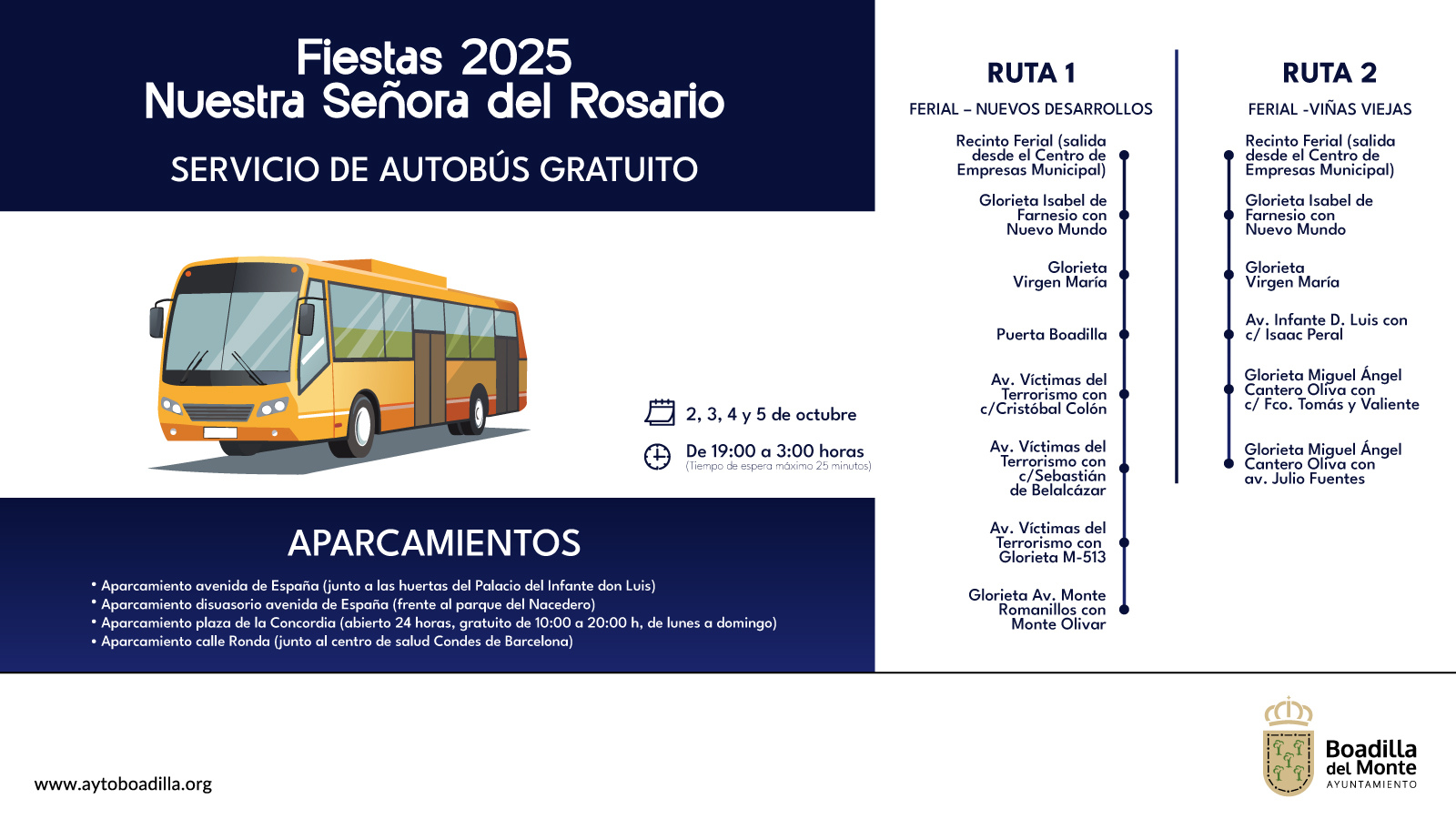 Boadilla del Monte ofrece dos rutas de autobús gratuito para acudir al Recinto Ferial los días 2, 3, 4 y 5 de octubre Boadilla del Monte ofrece dos rutas de autobús gratuito para acudir al Recinto Ferial los días 2, 3, 4 y 5 de octubre