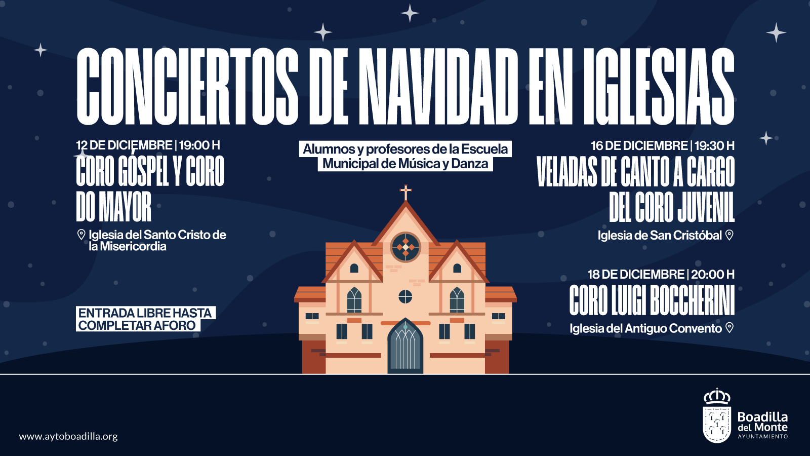 La Escuela Municipal de Música y Danza ofrecerá tres conciertos navideños en distintas iglesias La Escuela Municipal de Música y Danza ofrecerá tres conciertos navideños en distintas iglesias