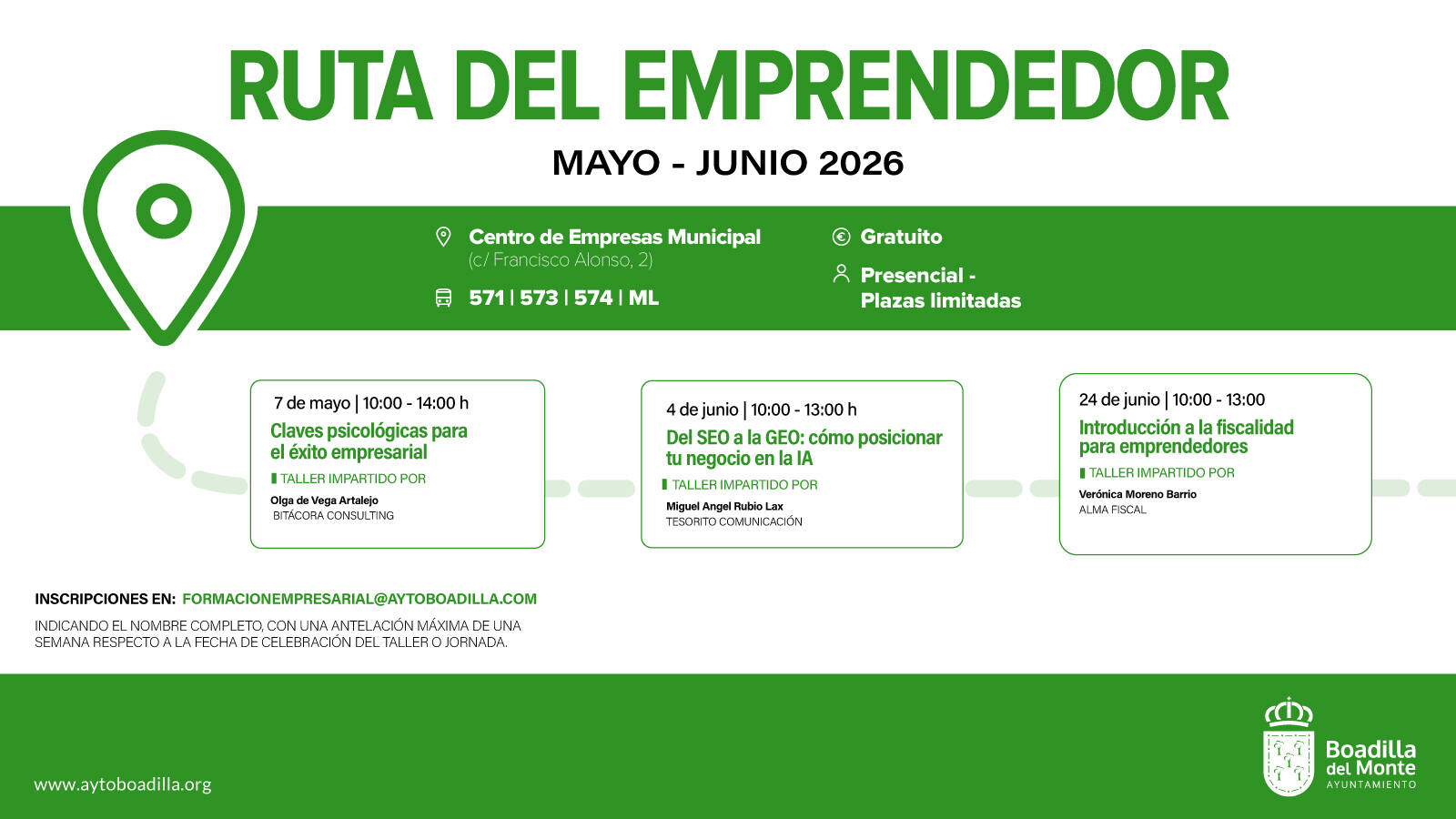 Tres talleres gratuitos para emprender en Boadilla: psicología, IA y fiscalidad