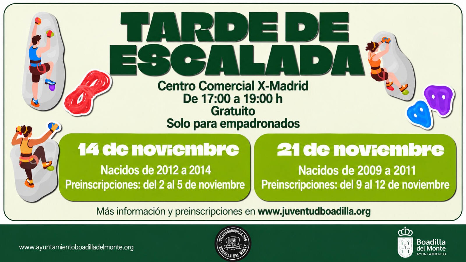 Boadilla organiza dos tardes de escalada gratuitas para jóvenes