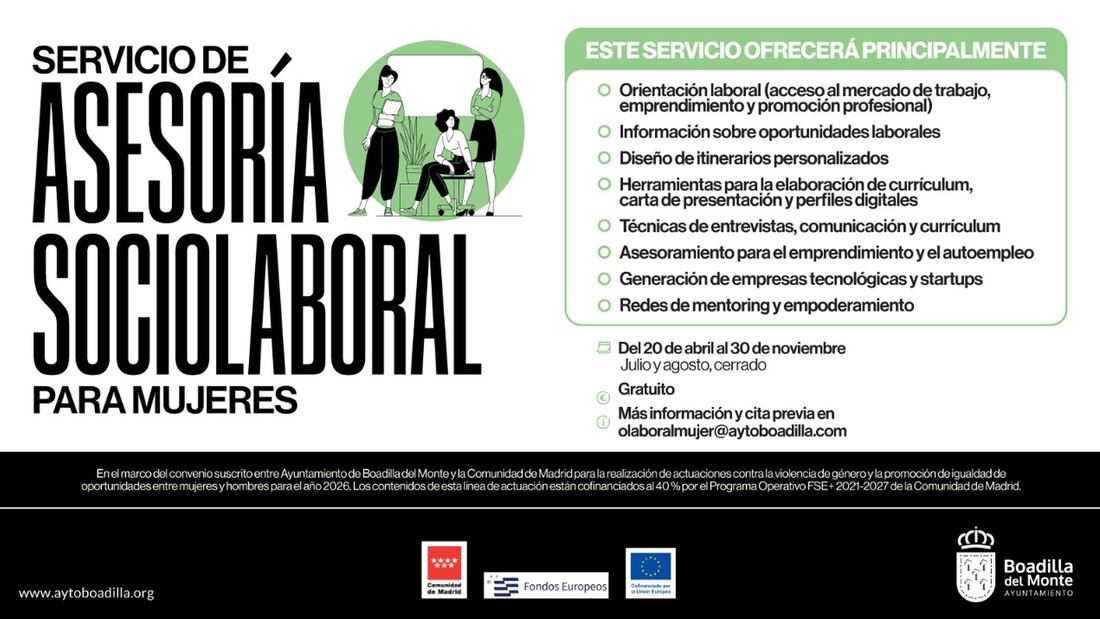 Asesoramiento laboral gratuito para mujeres en Boadilla hasta noviembre