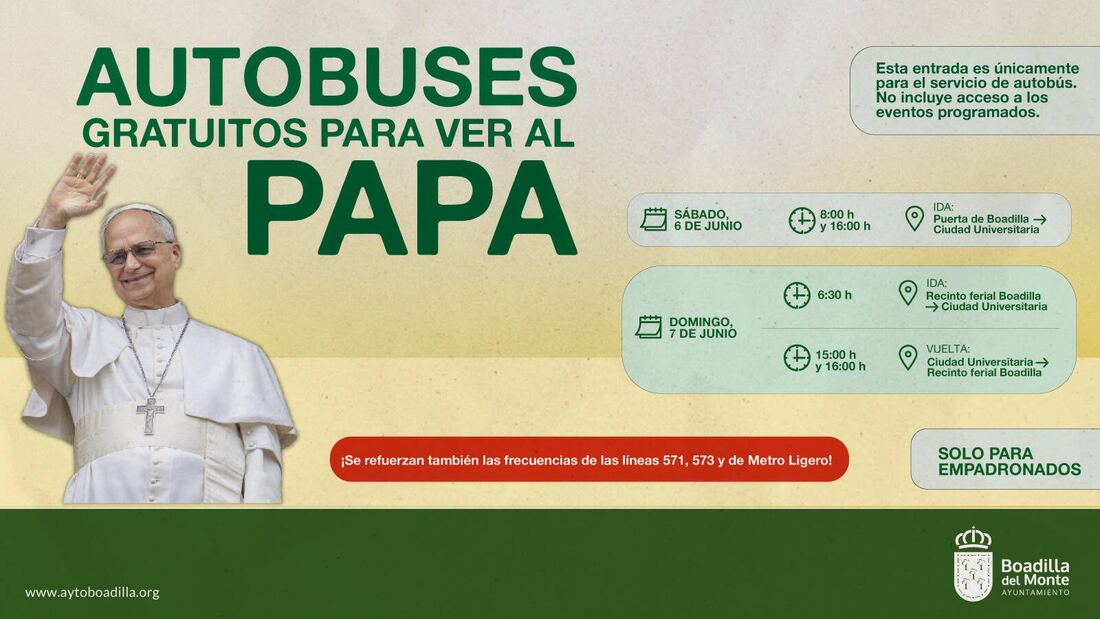 Boadilla pondrá autobuses gratuitos para acudir a los actos del Papa León XIV en Madrid